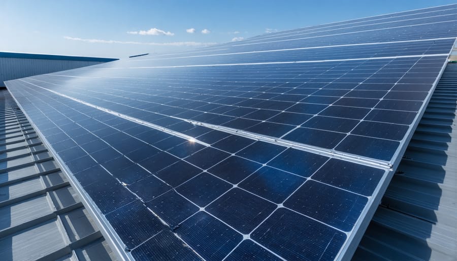 Commercial solar panel array installed on industrial warehouse rooftop