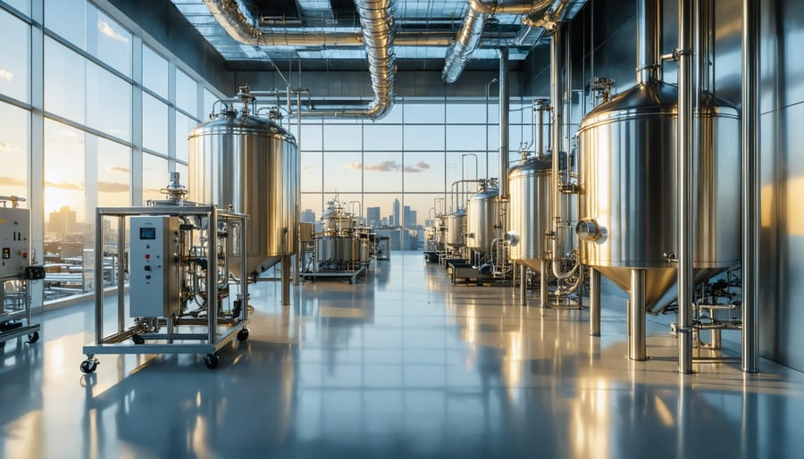 Interior of a modern cannabis extraction lab with stainless-steel distillation columns, viewed at golden hour, with rows of rooftop solar panels and a compact battery storage system visible through large windows.