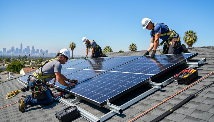 Solar installers wearing safety gear secure mounting rails on a residential roof in Los Angeles.