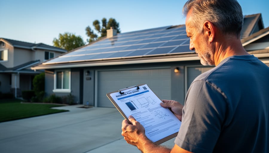 Homeowner reviewing solar installation paperwork beside a rooftop solar panel system in an LA neighborhood.