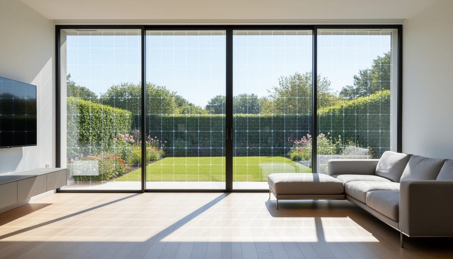 Close-up of semi-transparent photovoltaic glass window or skylight on a modern building facade.