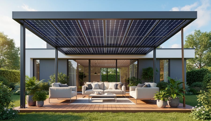 Family on a sunny patio beneath a solar canopy generating power overhead.