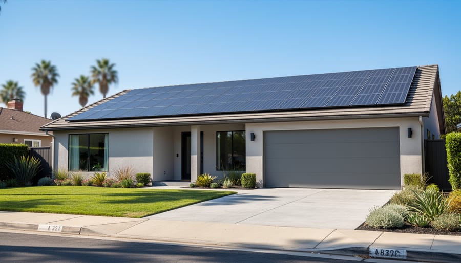Modern Los Angeles home roof covered with building-integrated solar photovoltaic tiles that blend with the roof design.