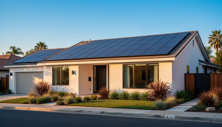 Modern home roof covered with building-integrated solar roof tiles in Los Angeles lighting.