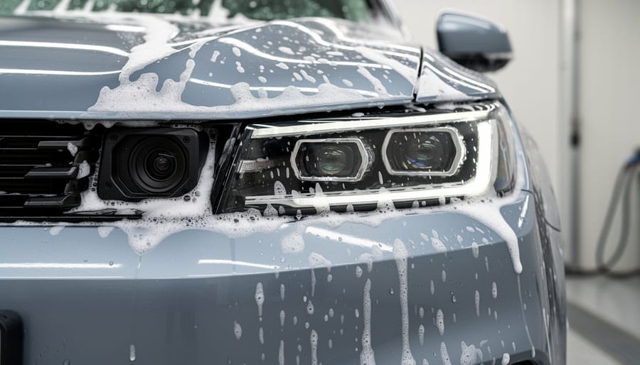Close-up of an EV front grille and sensor area with foam residue after pre-wash