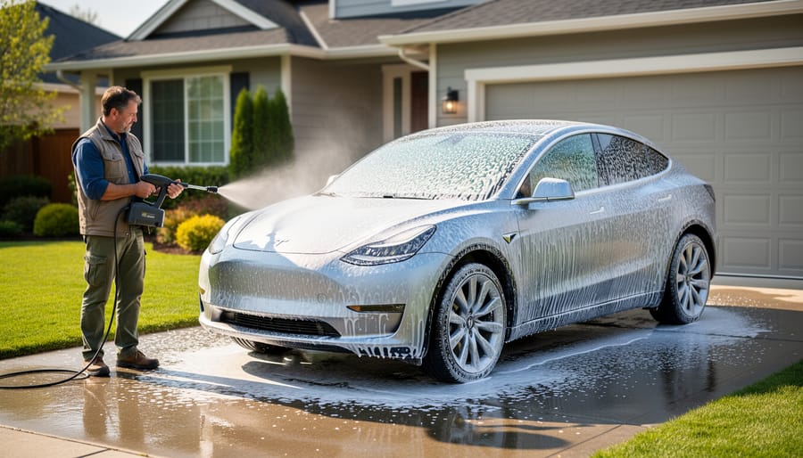 EV owner applying snow foam to the lower side panels in a residential driveway