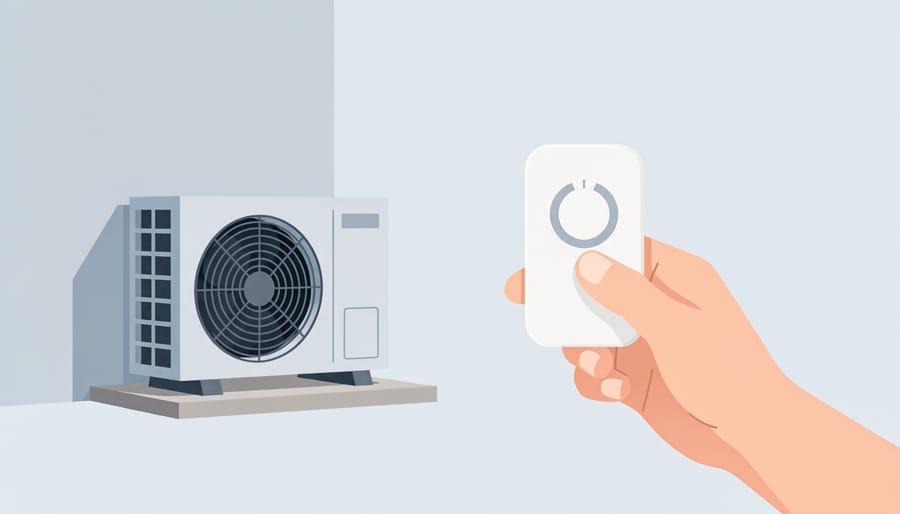 Close-up of hands holding a thermostat next to an outdoor heat pump unit