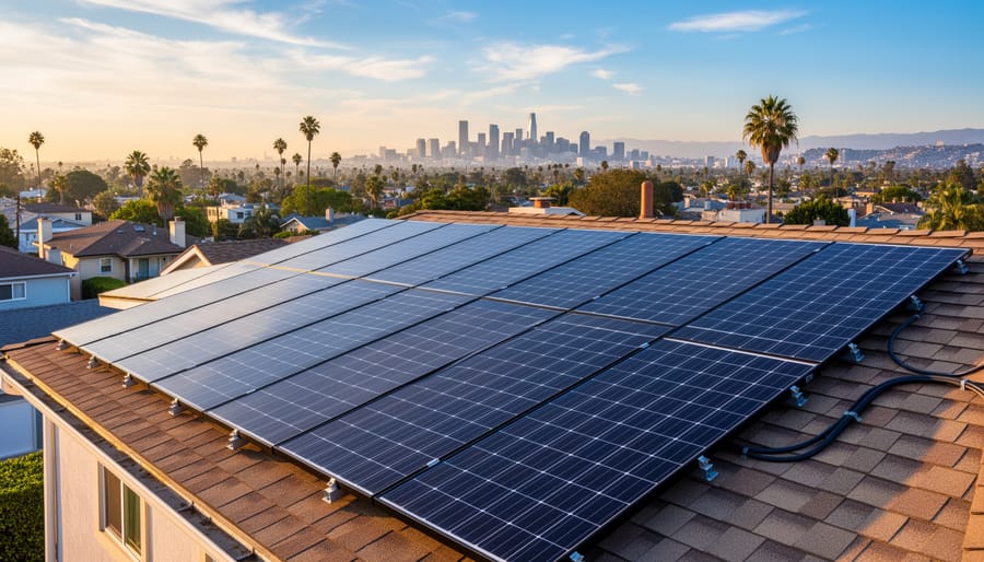 Residential rooftop with solar panels installed under bright daylight