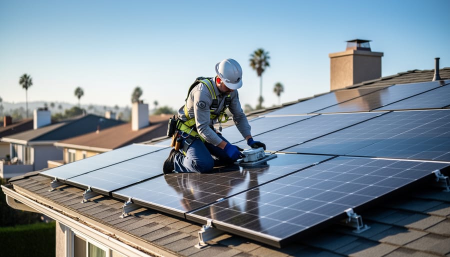 Solar technician kneeling on a residential rooftop to inspect and clean solar panels near the wiring junction.