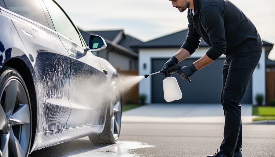 EV owner applying snow foam with a pump sprayer to the lower side panel of an electric car in a residential driveway.