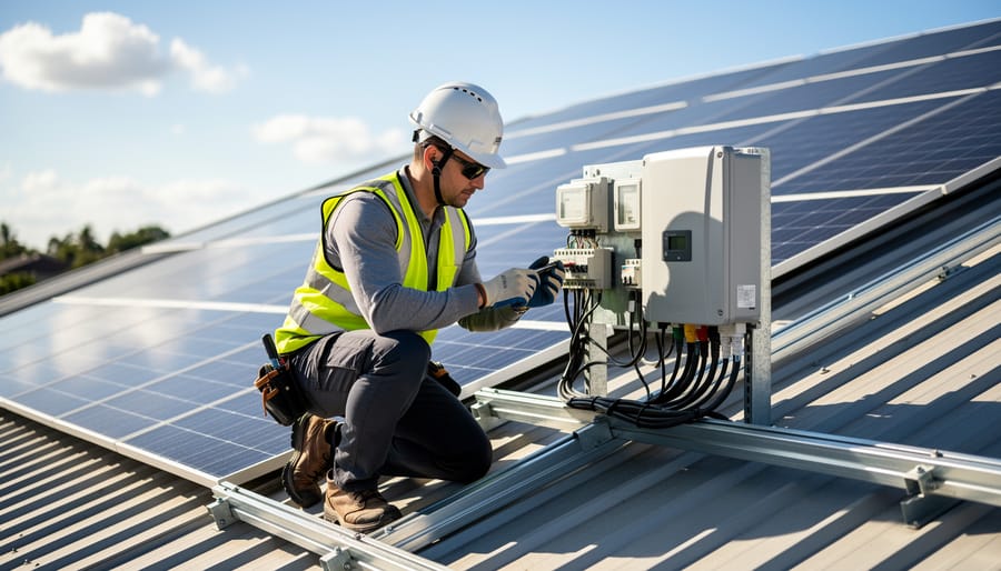 Technician inspecting residential rooftop solar panels during professional solar system service