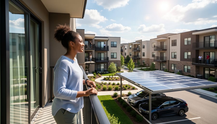 Resident looking over a multifamily building with rooftop solar equipment in the background