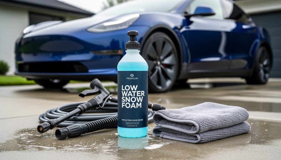 Foam cannon setup and detailing supplies on a garage workbench