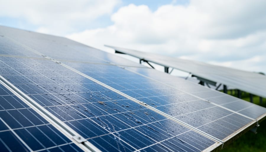 Solar panels showing dust and water streaks that can affect energy production without maintenance