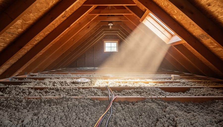Close-up view of attic insulation with small gaps around the attic hatch opening.