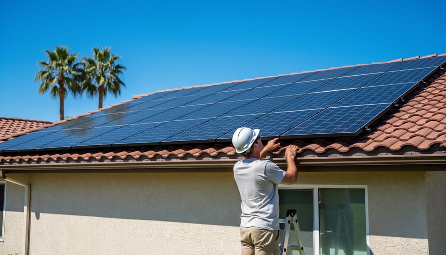 Homeowner looking up at a residential rooftop solar array in sunny weather