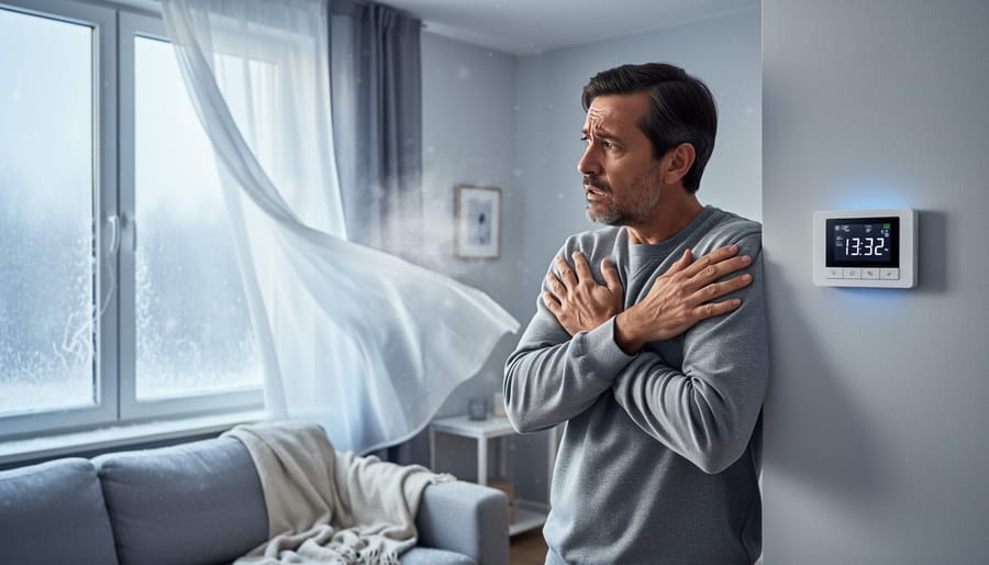Homeowner feeling a draft near a window while checking the thermostat in a living room.
