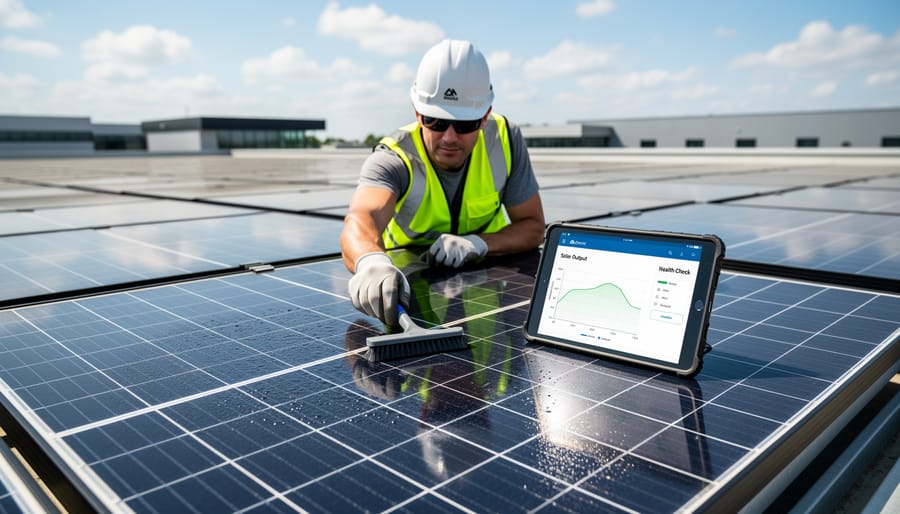 Gloved installer cleaning a solar panel surface on a residential roof