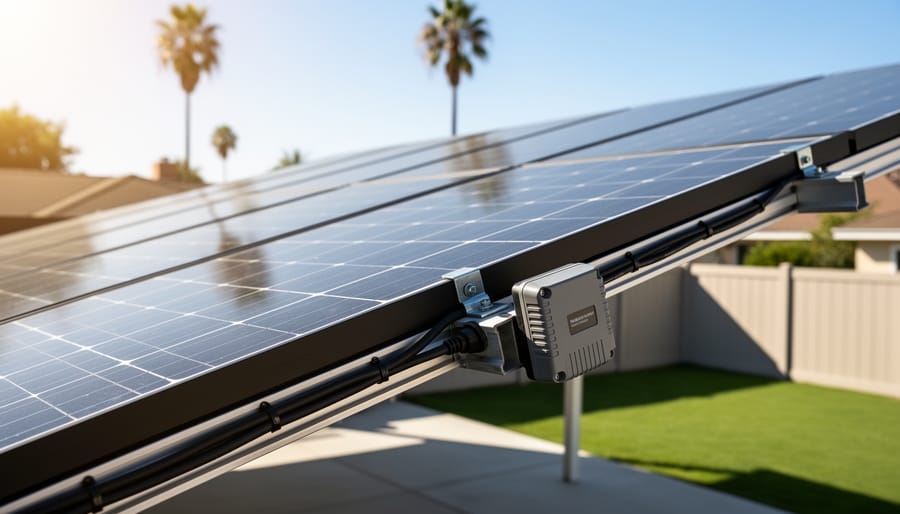 Close-up of solar panels on a modern Los Angeles home roof with visible microinverter/power-optimizer hardware in bright sunlight.