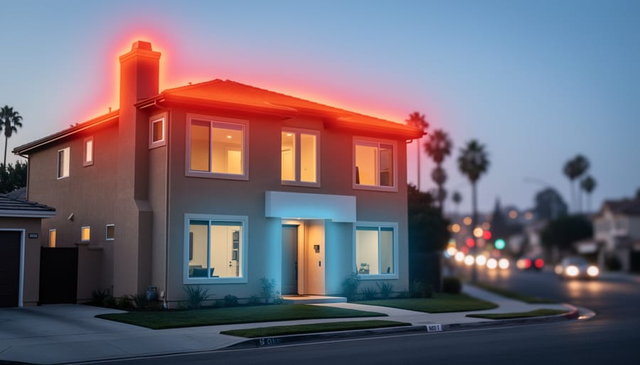 “Los Angeles home exterior at dusk with warm light suggesting heat loss near the attic roofline, window edges, and chimney areas.”