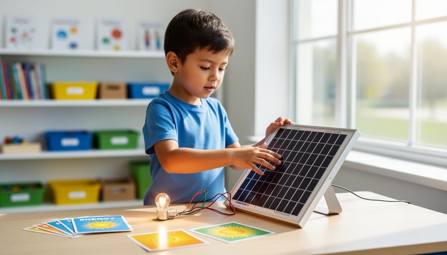 A child holding a small portable solar panel while testing its solar-powered light.
