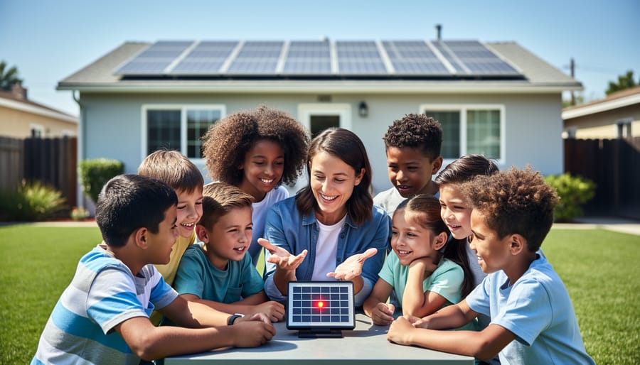 Children and a teacher in a Los Angeles backyard using a small solar-powered learning kit with a solar panel, with rooftop solar panels visible on a home in the background.