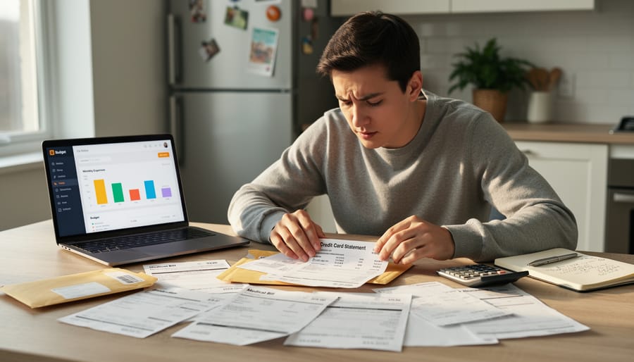 Person reviewing utility bills and paperwork at a kitchen table