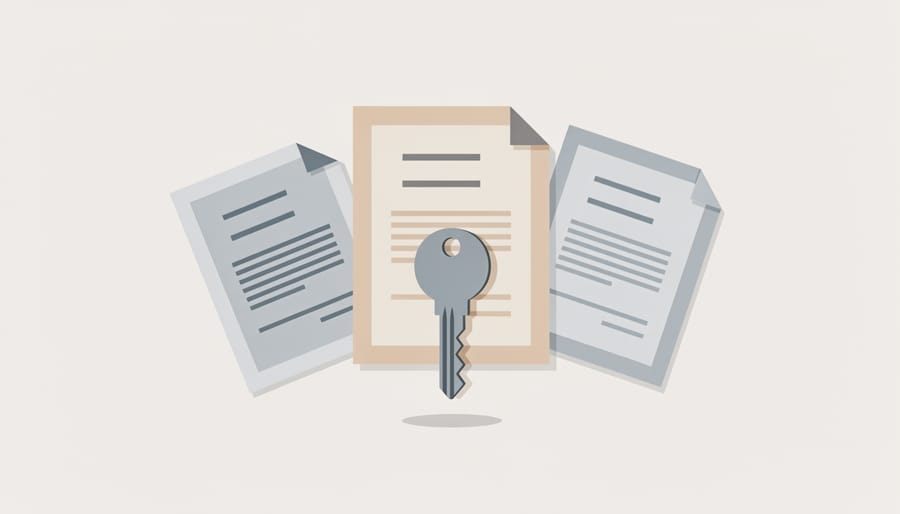 House key resting on documents near an open front door