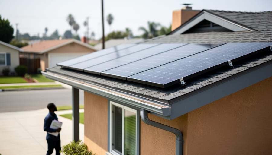 Homeowner holding household bills beside a Los Angeles bungalow with solar panels installed on the roof.