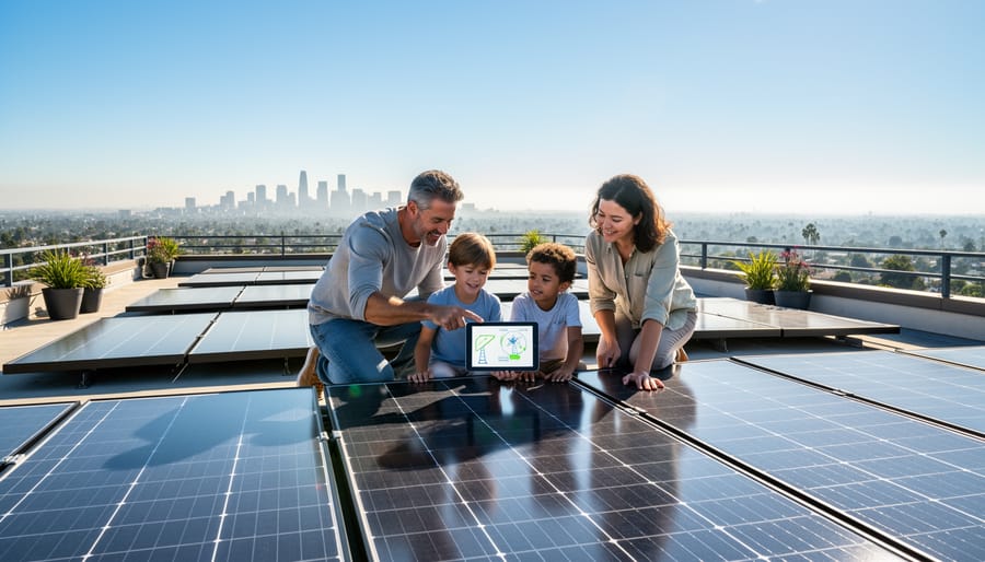 A family standing on a residential rooftop with solar panels during golden hour, with a child looking up.