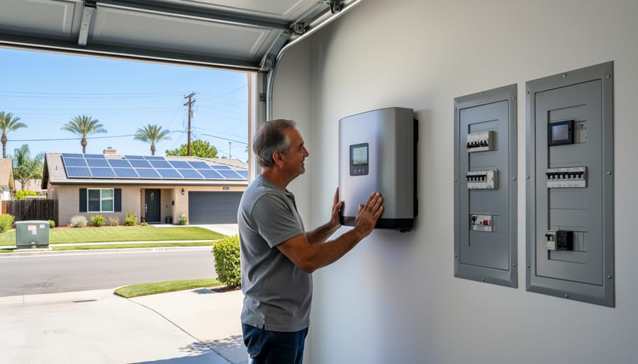 Homeowner standing near a wall-mounted home battery and solar inverter in a residential driveway