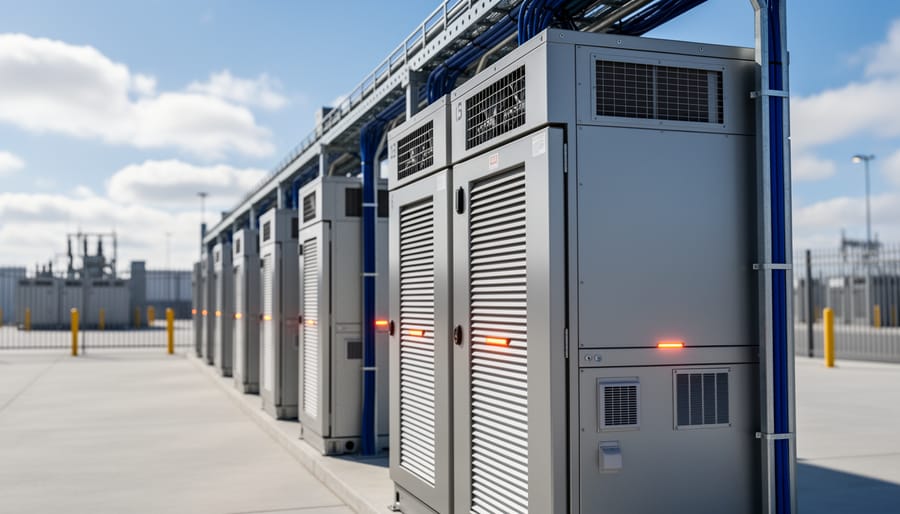 Wide view of tall lithium-ion battery racks at a modern utility-scale energy storage facility under a bright sky.