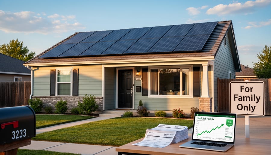 Solar panels installed on a residential rooftop catching golden hour sunlight
