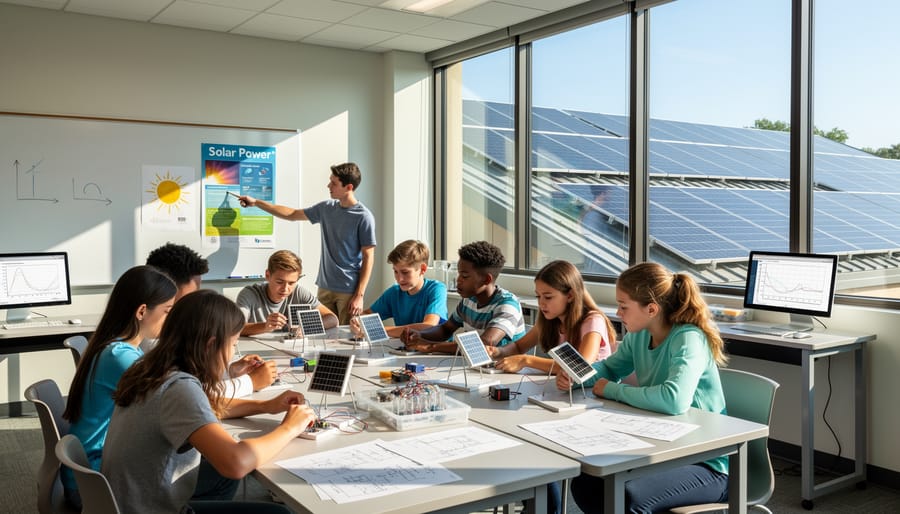 Students collaborating on a solar science activity with rooftop solar panels visible in the background.