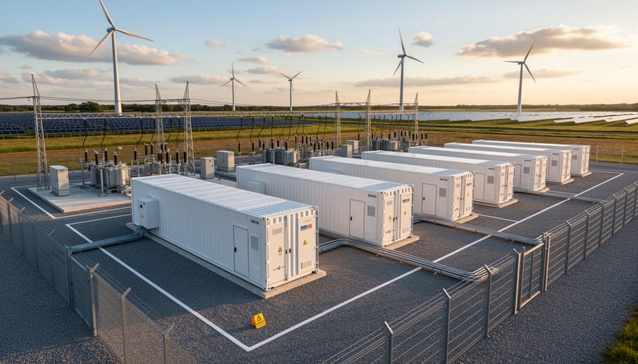 Utility-scale battery energy storage racks at a modern power facility under an overcast sky